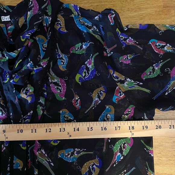 Uttam Boutique Sheer Colorful Bird Tie Neck Button Down Blouse Size Medium - Picture 14 of 15